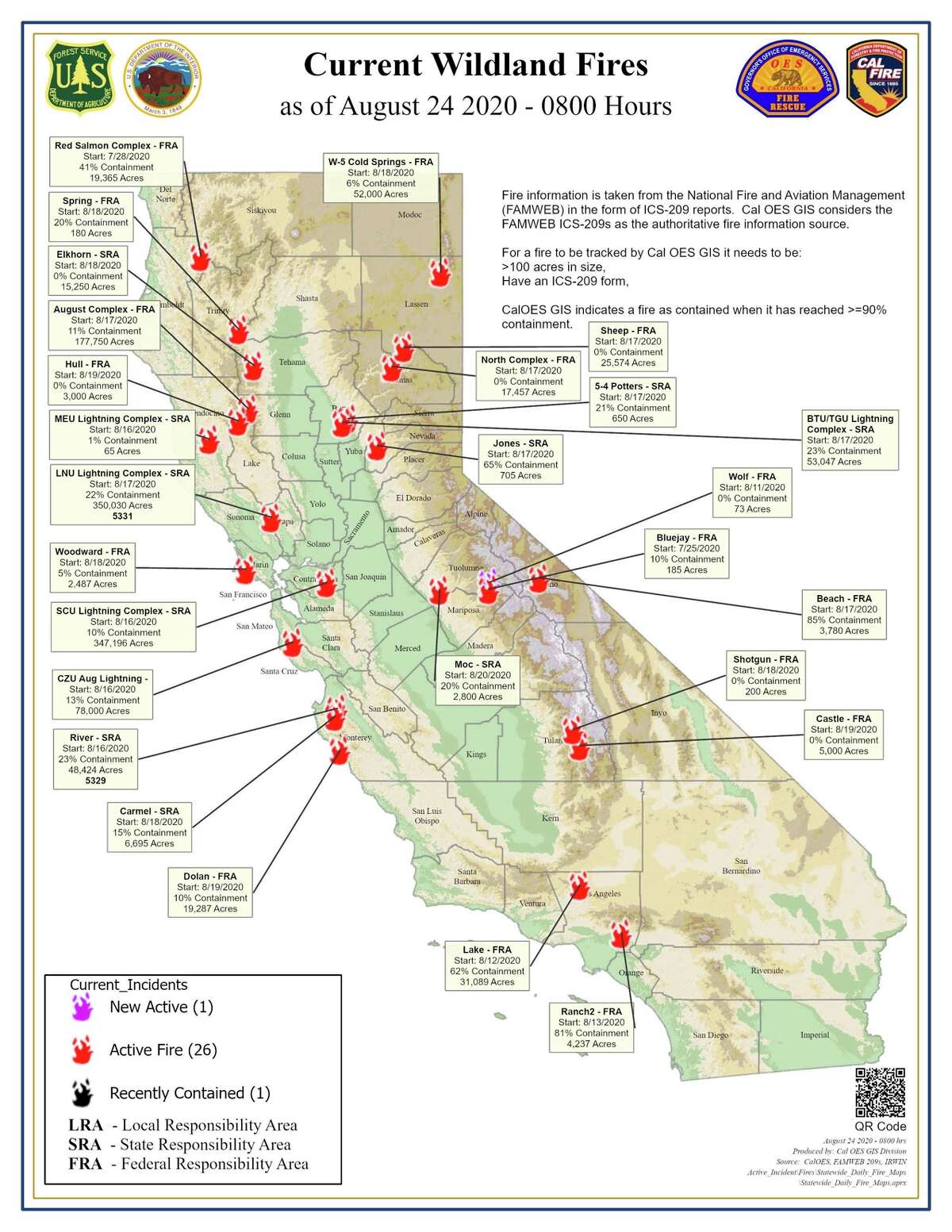 Cal OES released this map of where the state is currently fighting wildfires in California as of August 24, 2002.
