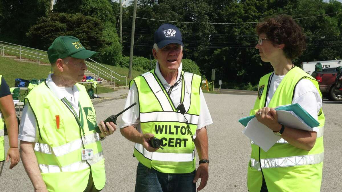 Jack Majesky of Wilton CERT is with Nancy Upton of New Canaan CERT and Ernie Heidelberg of Westport CERT at a mutual aid drill in Stamford in 2013.