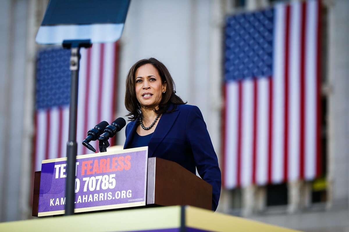 Senator Kamala Harris makes her first presidential campaign speech at a rally in her hometown of Oakland, California, on Sunday, Jan. 27, 2019.
