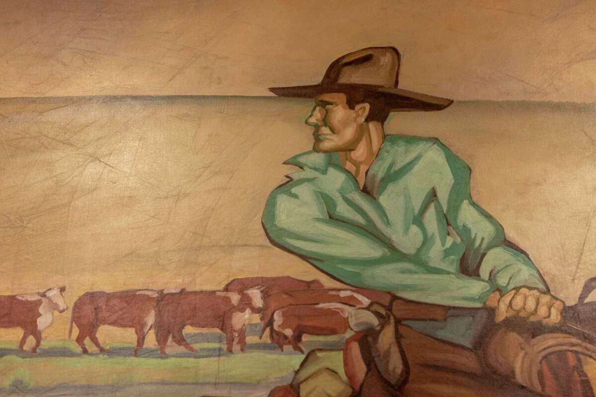 “The History of Ranching,” a mural commissioned from artist James Buchanan “Buck” Winn by the Pearl Brewery, depicts cowboys at work and play. An 80-foot section of the mural has been restored and now is installed over the reference desk on the first floor of the Albert B. Alkek Library at Texas State University in San Marcos.