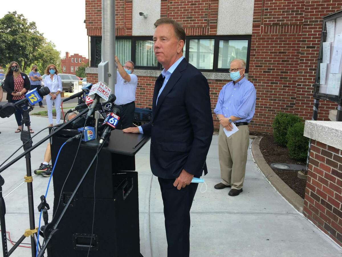 Gov. Ned Lamont holds a press conference Tuesday in Danbury, where there has been a recent increase in COVID-19 cases.