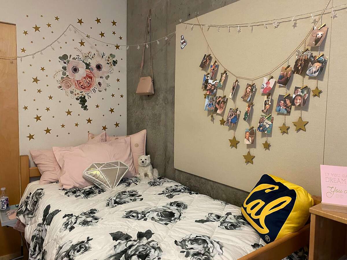 Elizabeth Abul-Hawa's sleeping space in her mini-suite dorm room at UC Berkeley. She brought all of her decorations and suite supplies from home.
