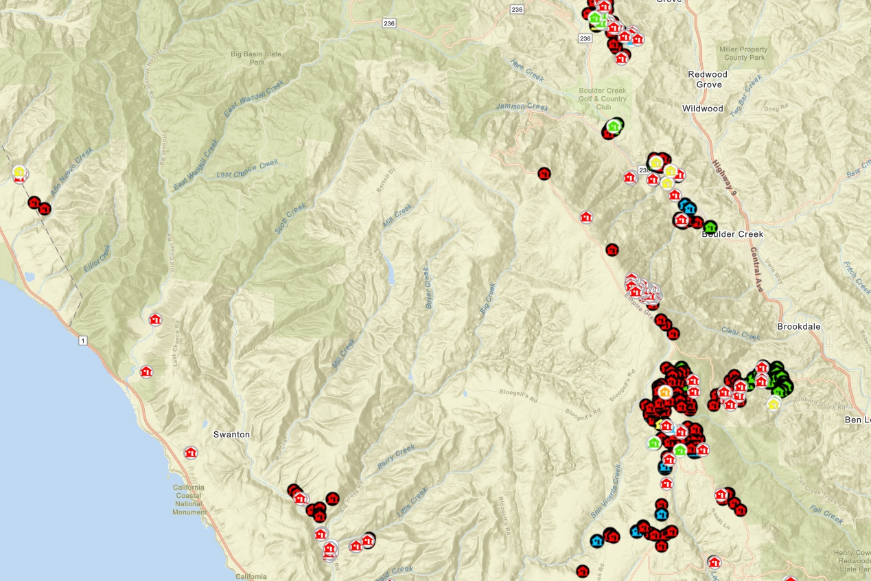 Santa Cruz County posts damage map with homes destroyed in CZU