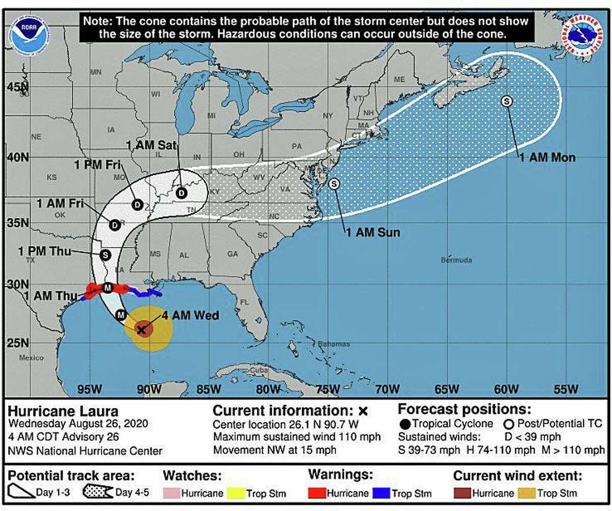 On Wednesday, Aug. 25, 2020, the National Hurricane Center added southeast Connecticut on its map on a possible track of the remnants of Tropical Storm Laura. “Current thinking is that late Thursday night into Friday morning will remain mostly dry, then a combination of another surface low tracking through the Great Lakes and the remnants of Laura will bring the potential for a prolonged period of wet weather beginning later in the day on Friday through Saturday before the entire system moves offshore on Sunday,” the NWS says.