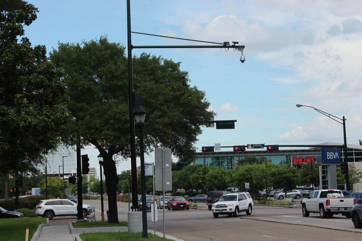 An Automatic License Plate Reader pole, with two cameras on Buffalo Speedway and Bissonnet.