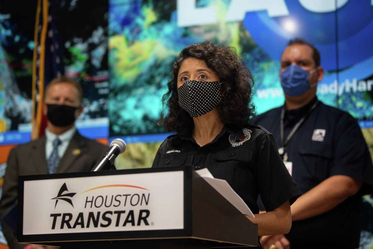 Judge Lina Hidalgo and Mayor Sylveter Turner speak at a press conference on then-tropical storm Laura at Houston TranStar, on August 24, 2020.