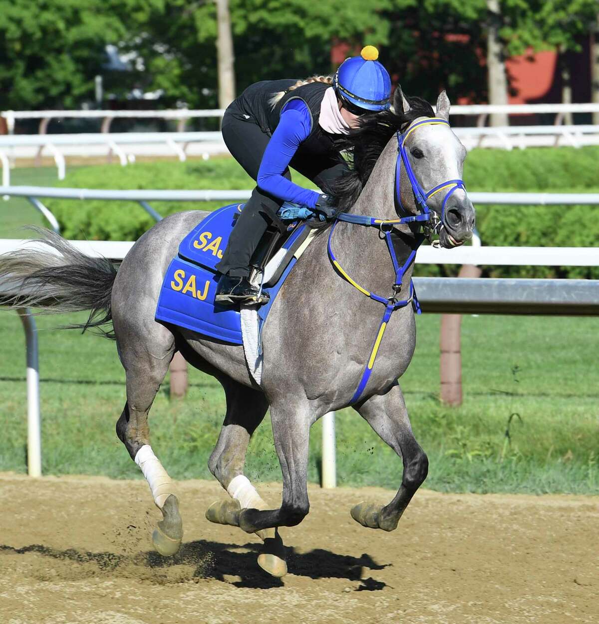 Exercise rider Sabine Lanvad takes Kentucky Derby hopeful NY Traffic for a gallop around the main track Wednesday Aug.26, 2020 at the Saratoga Race Course in Saratoga Springs, N.Y. Photo by Skip Dickstein/Special to the Times Union