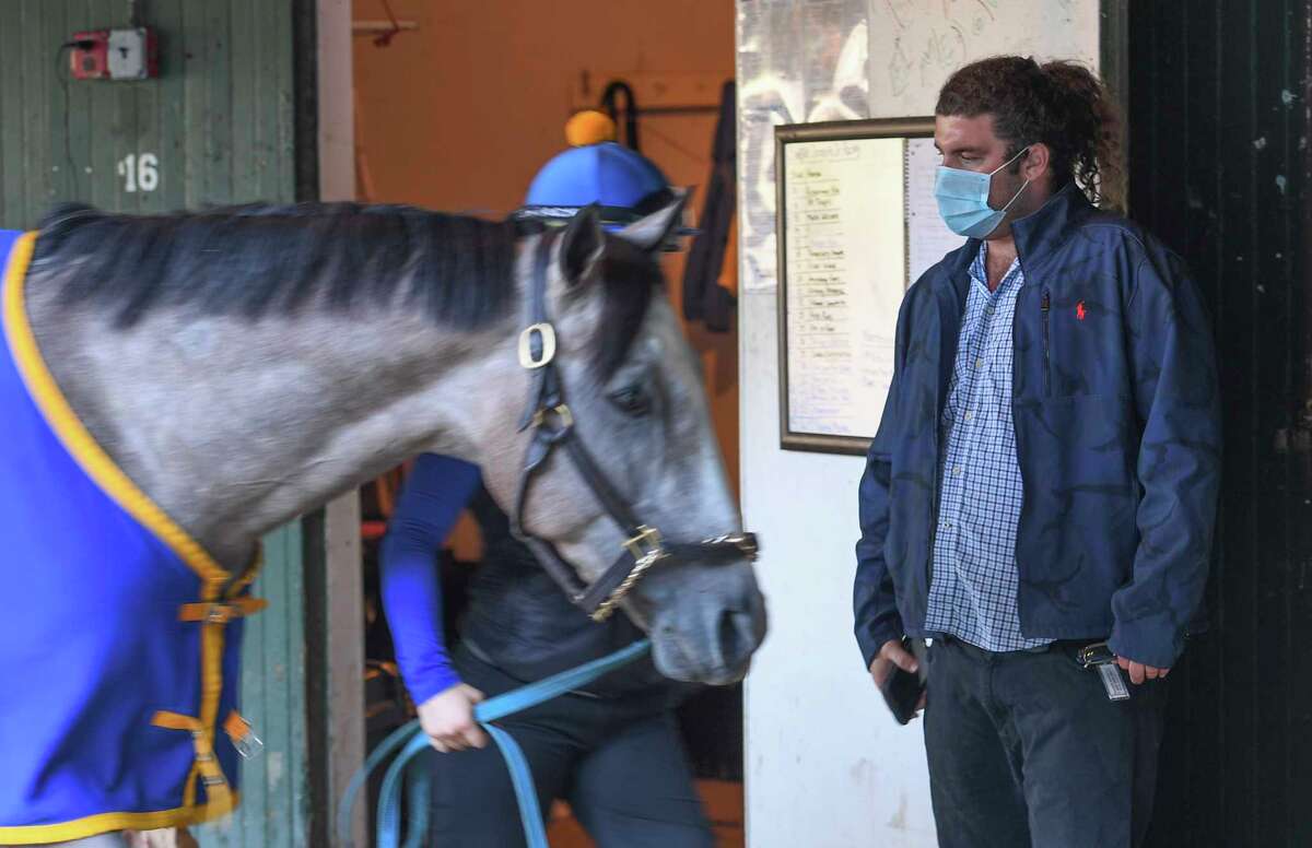 Trainer Safie Joseph keep watch on KY Derby hopeful NY Traffic in his barn area Wednesday Aug.26, 2020 at the Saratoga Race Course in Saratoga Springs, N.Y. Photo by Skip Dickstein/Special to the Times Union