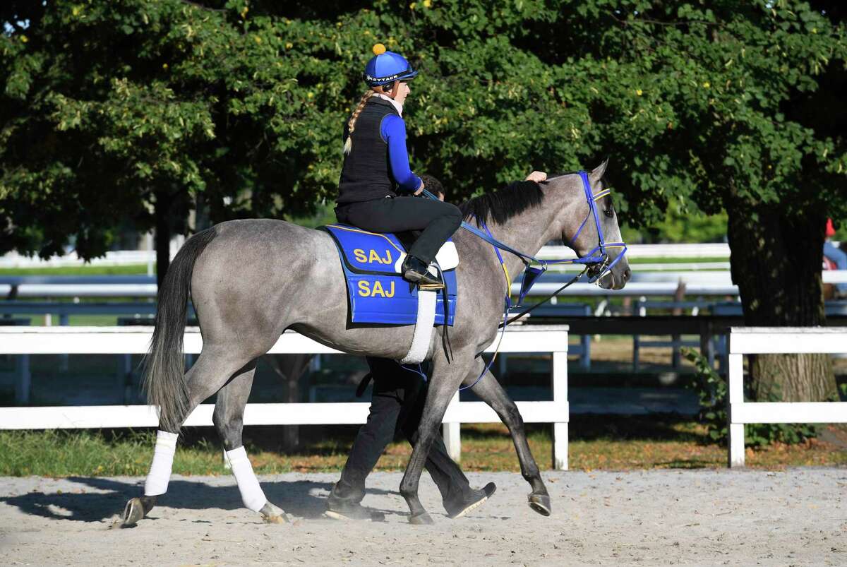 Exercise rider Sabine Lanvad takes Kentucky Derby hopeful NY Traffic for a gallop around the main track Wednesday Aug.26, 2020 at the Saratoga Race Course in Saratoga Springs, N.Y. Photo by Skip Dickstein/Special to the Times Union