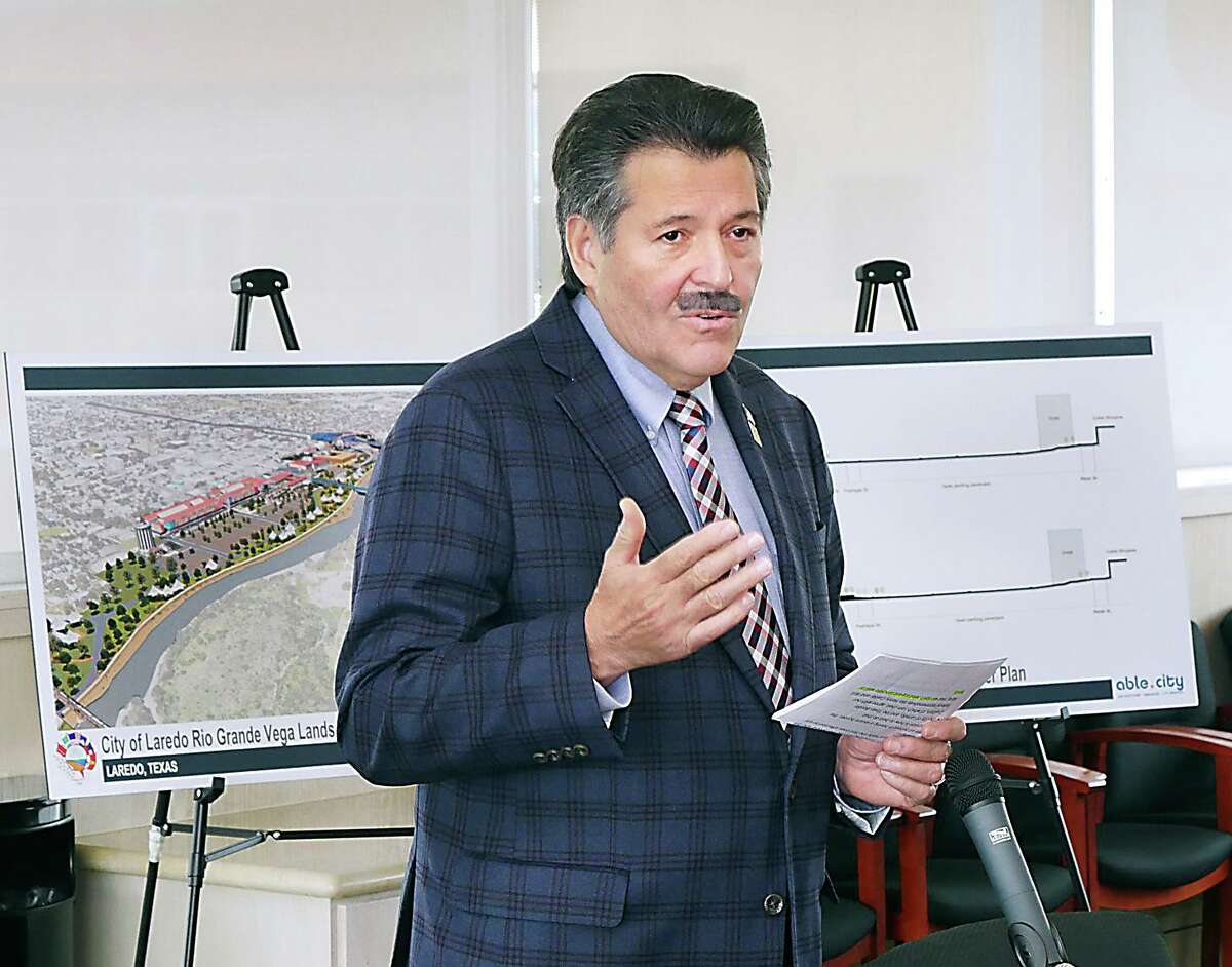 Laredo Mayor Pete Saenz discusses potential alternate options for border security during a Jan. 2019 during a press conference to present to U.S. Department of Homeland Security. Saenz wrote a letter to LMT on Tuesday discussing that the city should no longer fight issues such as the wall and razor wire along the riverfronts due to them being unwinnable battles with the federal government.