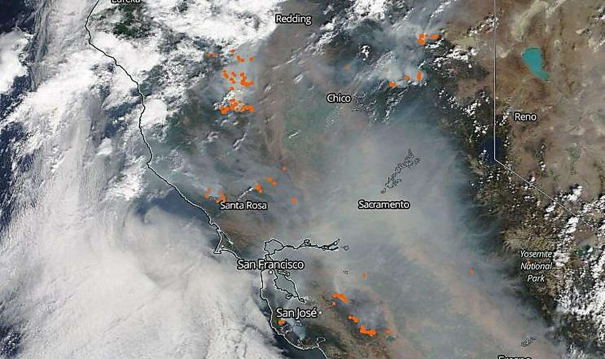 NASA’s Terra satellite on Monday, Aug. 22, 2020, captured a view that showed a pall of wildfire smoke covering most of California.