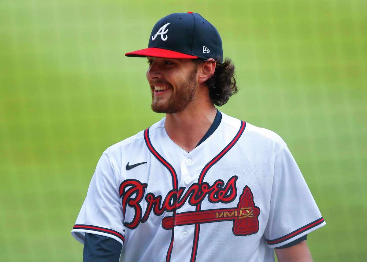 MLB 2016 draft pick Ian Anderson #48 of the Atlanta Braves smiles as he heads to the dugout in the fifth inning of game one of the MLB doubleheader against the New York Yankees at Truist Park on August 26, 2020 in Atlanta, Georgia.