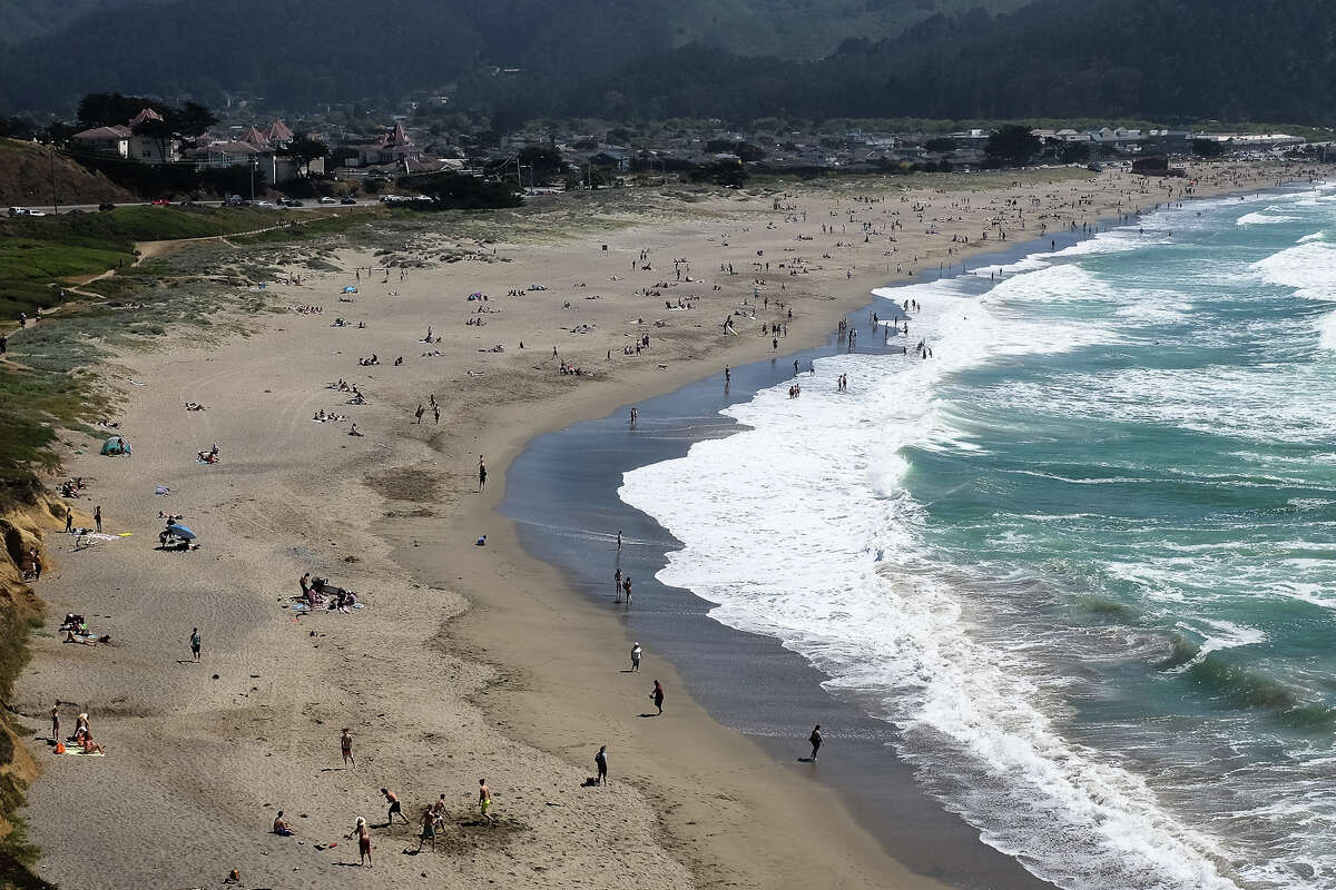 FILE - The view overlooking Pacifica State Beach at Linda Mar in May. A number of counties are closing beaches to the public over the Labor Day weekend.
