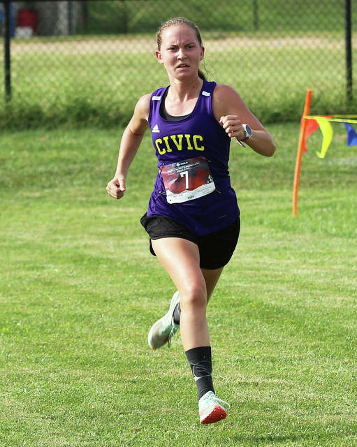 CM’s Hannah Meiser makes her final push to the finish to win the girls race Wednesday at the Bethalto Sports Complex.