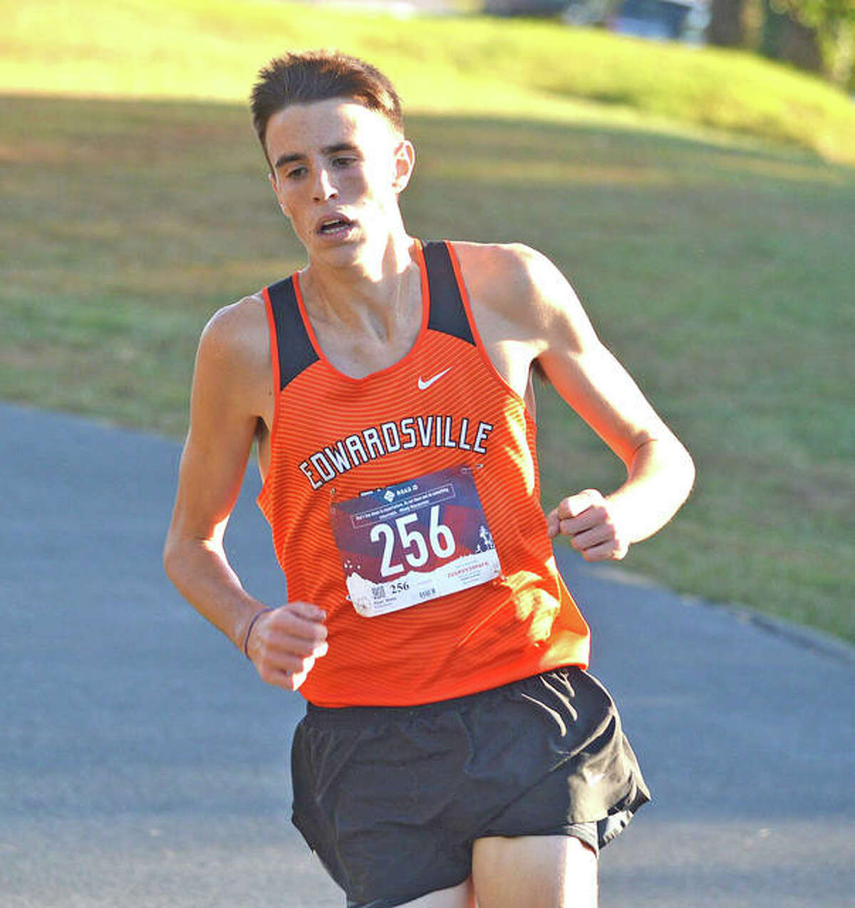 Edwardsville’s Ryan Watts runs last year in the Madison County Large School Meet at Belk Park in Wood River.