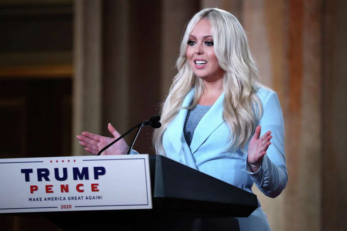 Tiffany Trump, daughter of President Donald Trump, pre-records her address to the Republican National Convention inside an empty Mellon Auditorium in Washington, D.C., while addressing the Republican National Convention on Aug. 25.