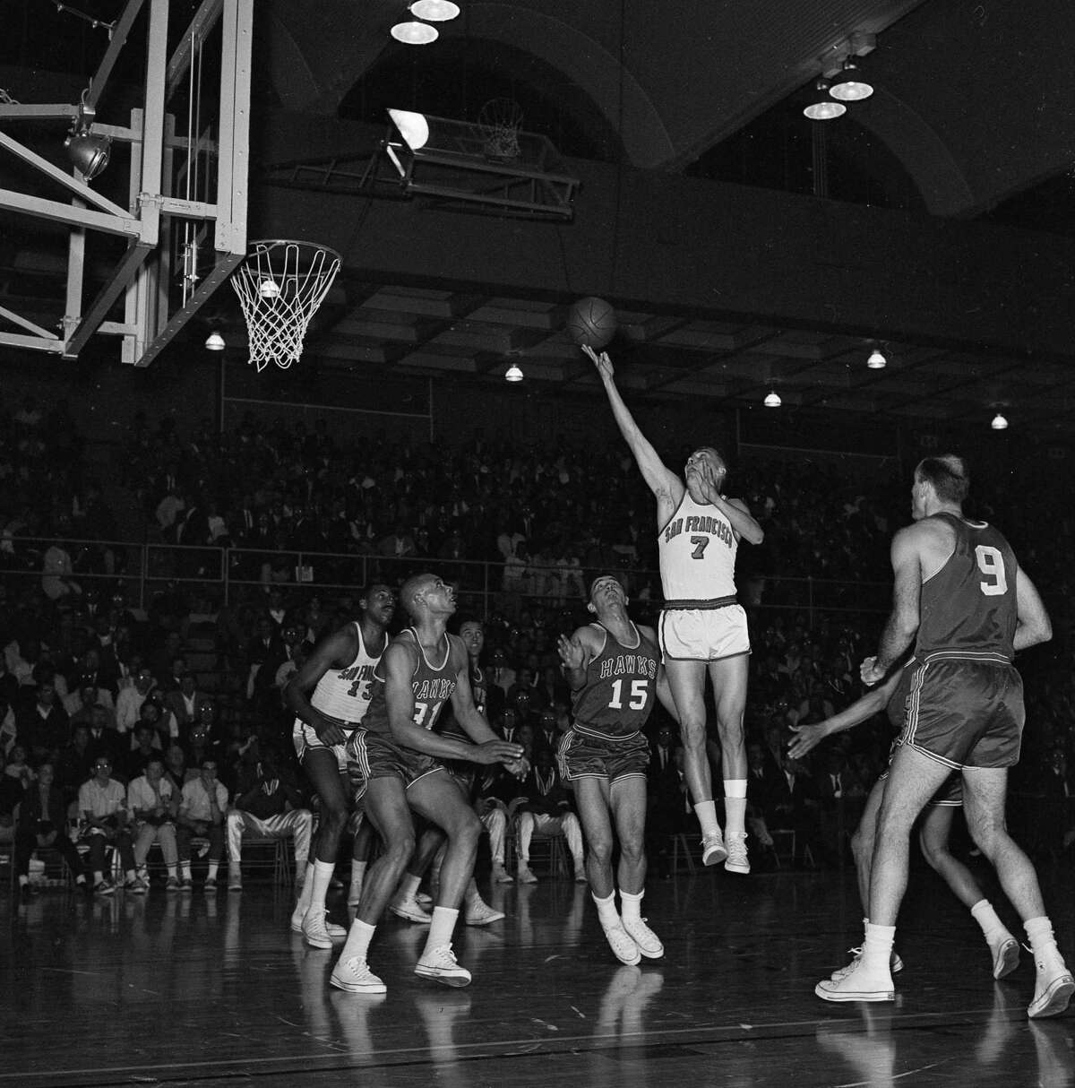 San Francisco Warriors playoff game vs the St. Louis Hawks 4/1/1964 Gary Phillips drives to the basket