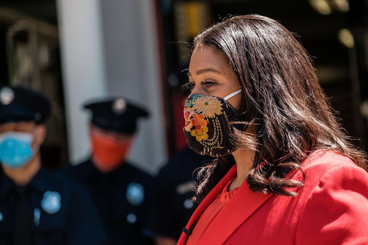 Mayor London Breed addresses firefighters and paramedics at Fire Station 6 before distributing meals from Z Zoul Sudanese Cafe as part of International Firefighters Day. in San Francisco, Calif. on Monday, May 4, 2020.