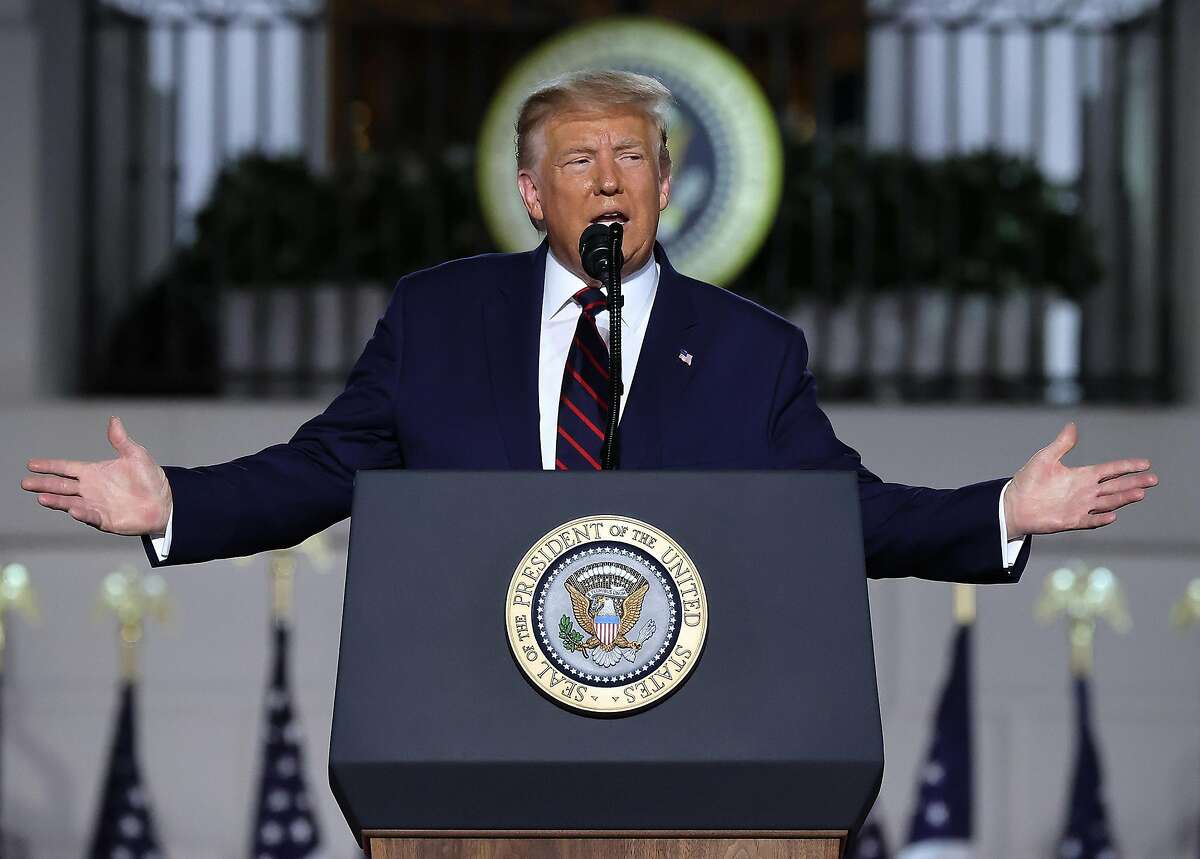 President Donald Trump delivers his acceptance speech for the Republican presidential nomination on the South Lawn of the White House on Thursday, Aug. 27, 2020, in Washington, D.C. (Chip Somodevilla/Getty Images/TNS)