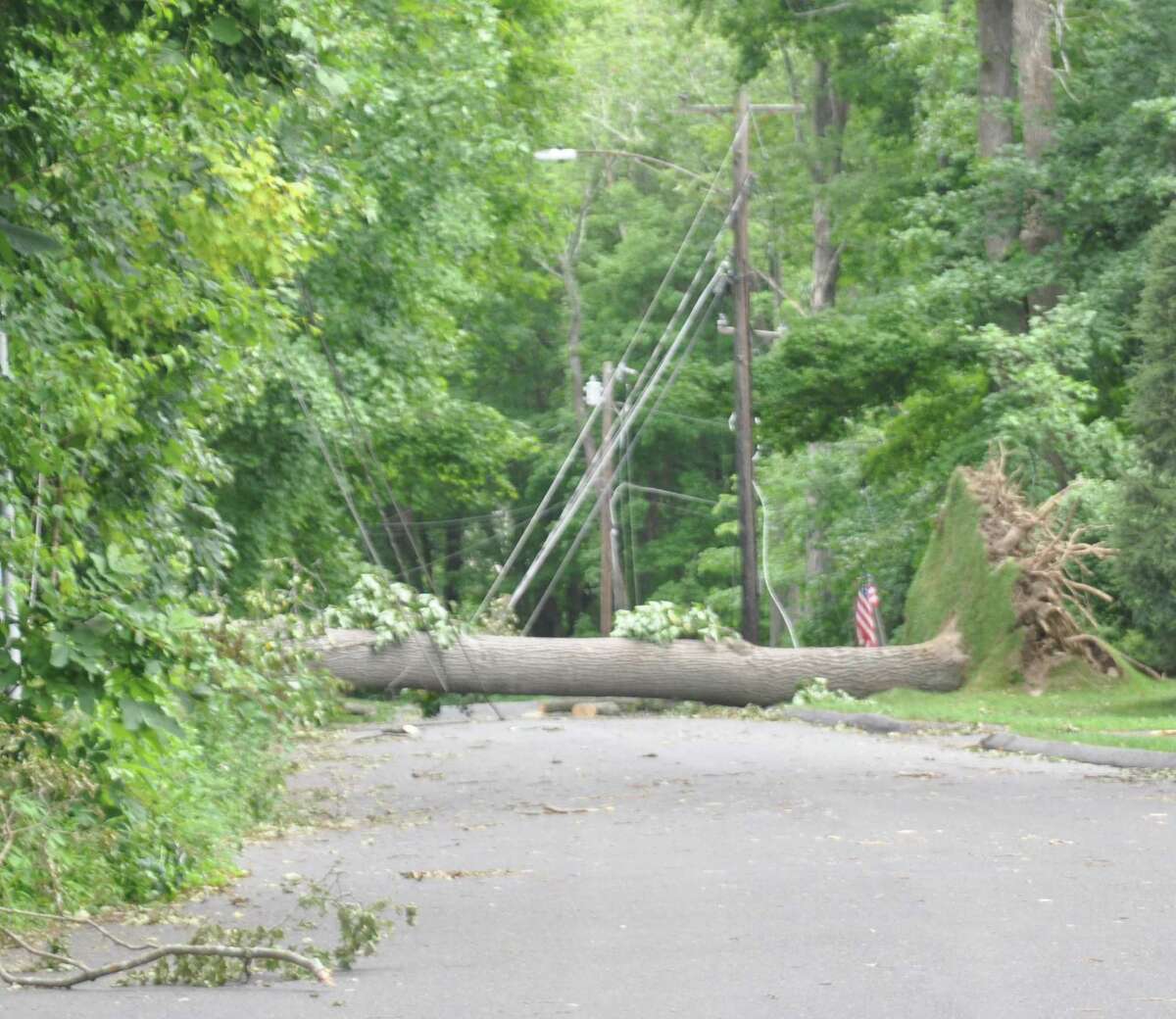 A tree and wires down blocked Rockewell Road in Ridgefield for days after Storm Isaias.