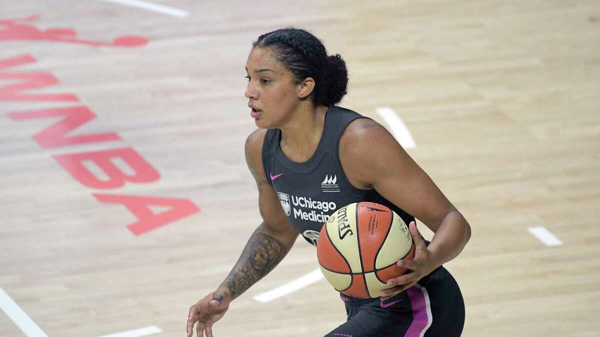 Chicago’s Gabby Williams brings the ball up court against the Liberty in August. The Sky placed Williams on the WNBA full-season suspended list.