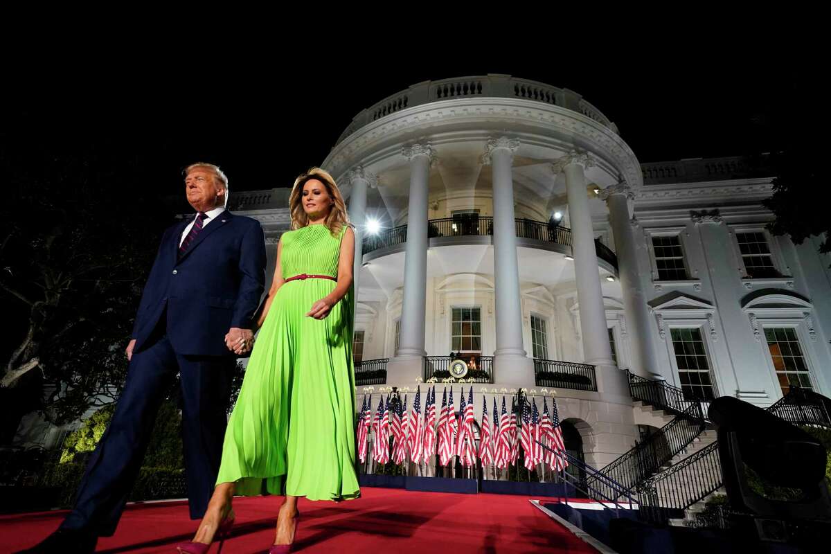 President Donald Trump and first lady Melania Trump arrive for his acceptance speech to the Republican National Committee Convention at the White House. It was a convention with few policies, and many attacks on Democrats and voting integrity.