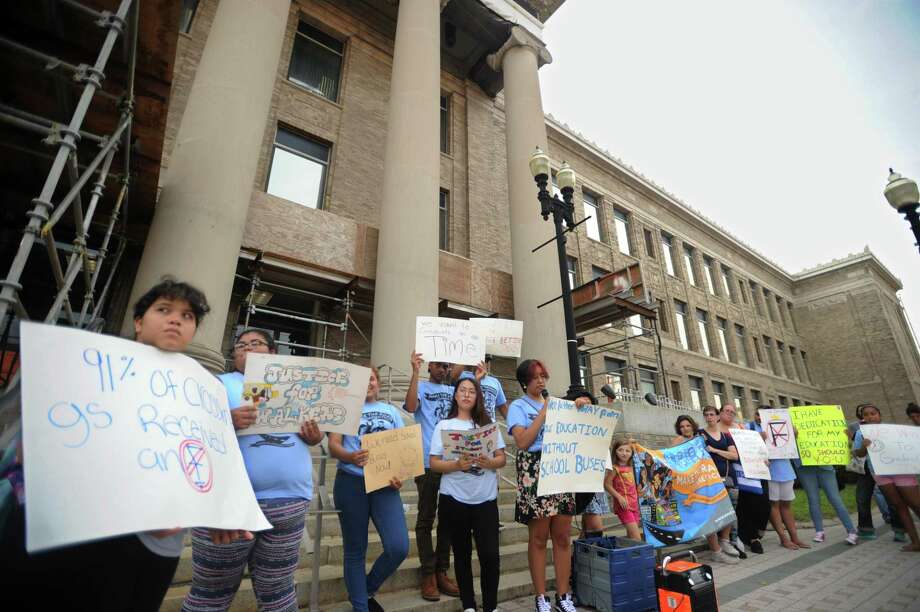 Students from Make the Road Connecticut's Youth Power Committee lead a rally for better school bus service outside City Hall in Bridgeport, Conn. on Monday, August 27, 2018. Photo: Brian A. Pounds / Hearst Connecticut Media / Connecticut Post