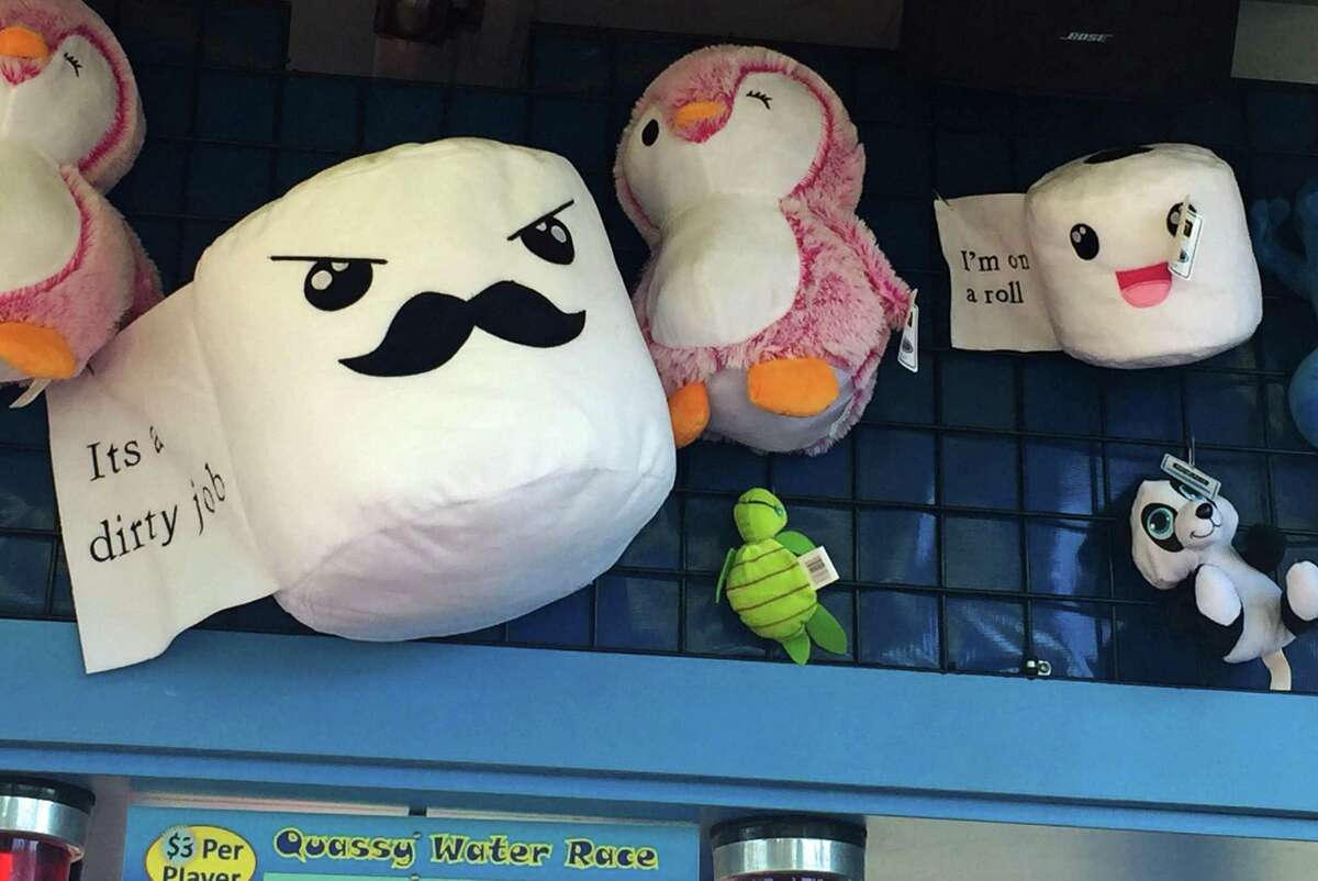 Prizes of plush “toilet paper” on display at Quassy Amusement Park and Waterpark in Middlebury, Connecticut, in August 2020.