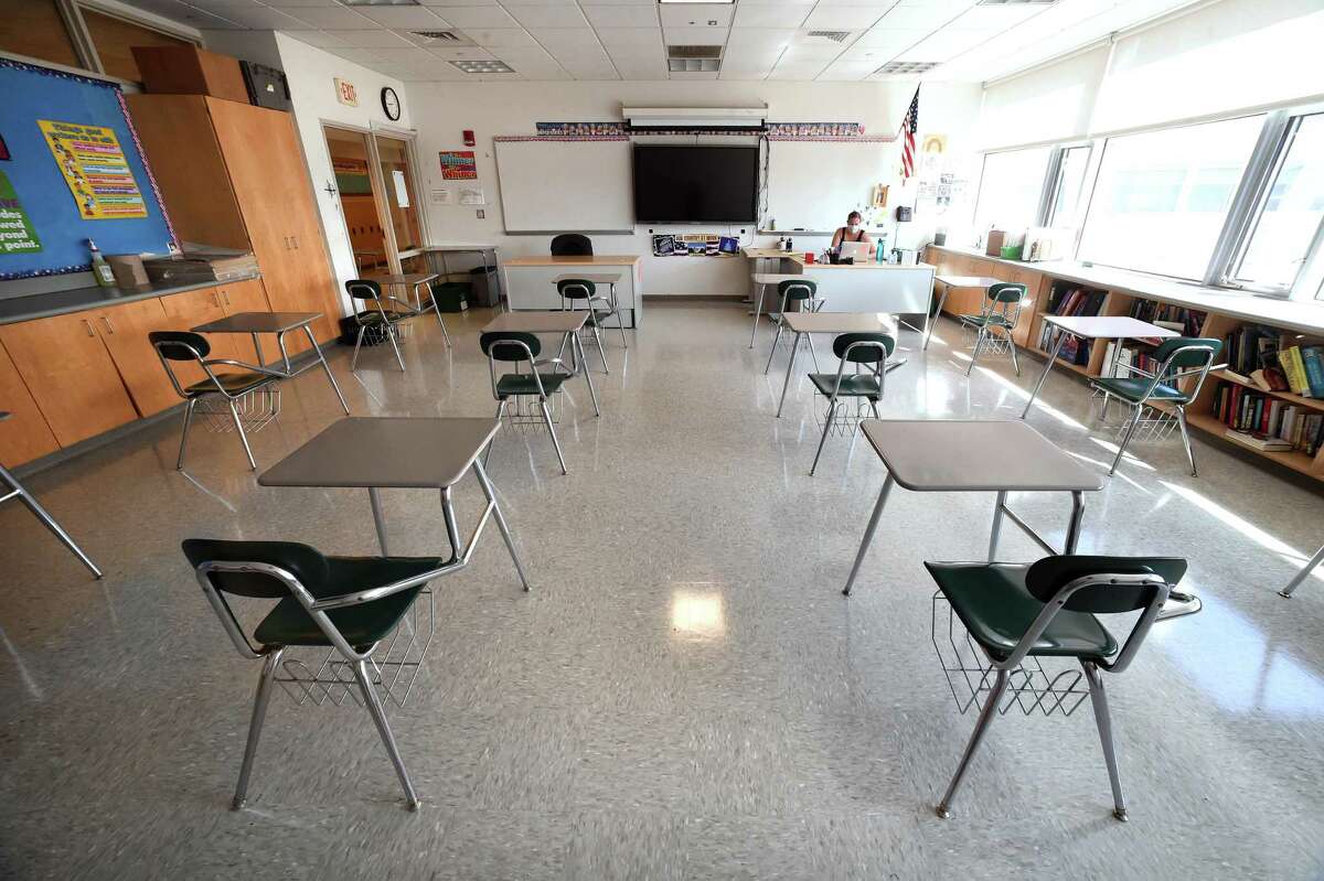 A classroom at Hamden Middle School on August 26, 2020.