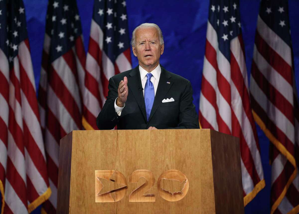 Democratic presidential nominee Joe Biden speaks during the Democratic National Convention from the Chase Center in Wilmington, Delaware, on Thursday, Aug. 20, 2020. The convention, which was once expected to draw 50,000 people to Milwaukee, is now taking place virtually due to the coronavirus pandemic. (Win McNamee/Getty Images/TNS)