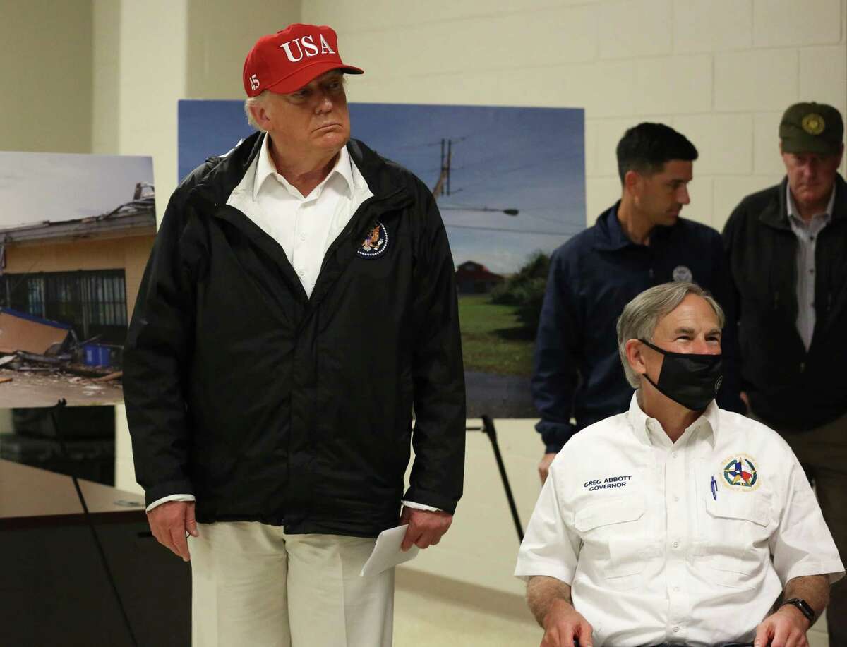 President Donald J. Trump and Gov. Greg Abbott getting a tour of the Orange County command center for Hurricane Laura by Orange County Judge John Gothia Saturday, Aug. 29, 2020, in Orange.