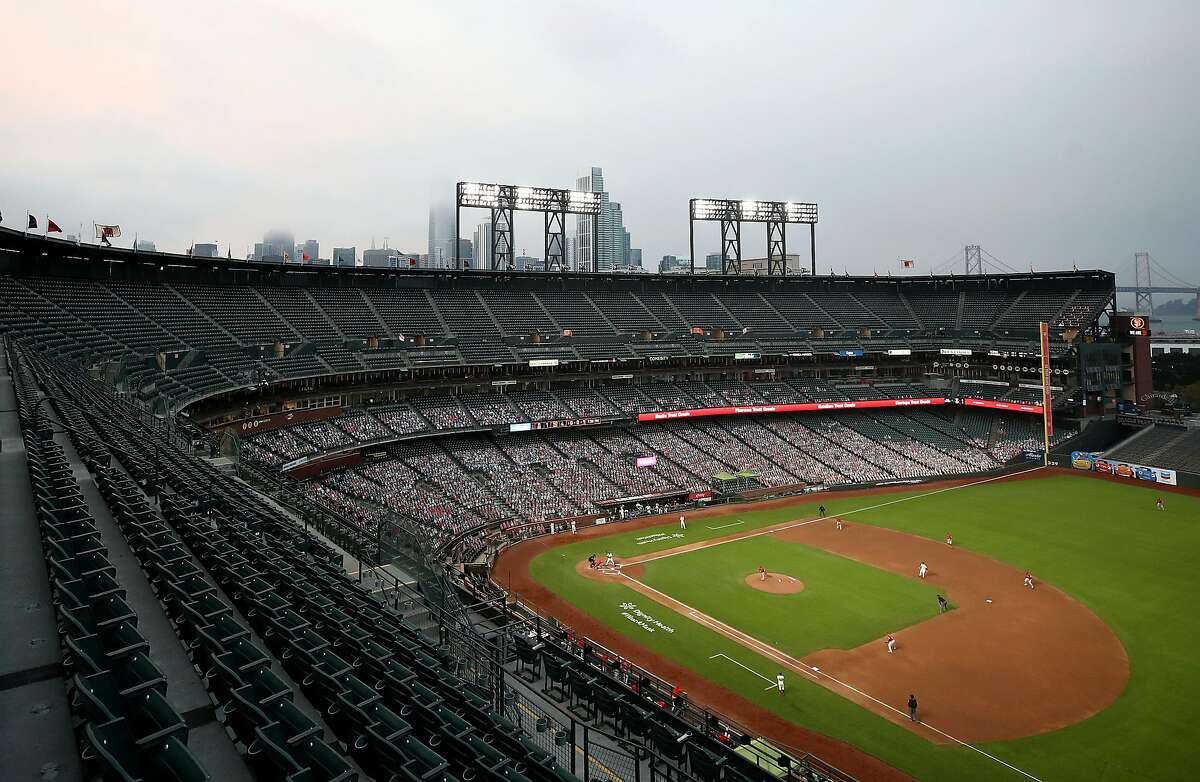SAN FRANCISCO, CALIFORNIA - AUGUST 20: A general view of the San Francisco Giants playing against the Los Angeles Angels at Oracle Park on August 20, 2020 in San Francisco, California. (Photo by Ezra Shaw/Getty Images)
