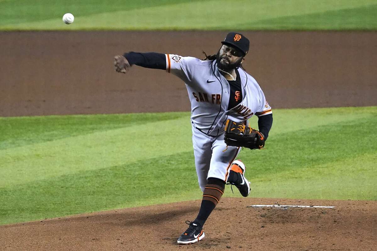 San Francisco Giants pitcher Johnny Cueto throws against the Arizona Diamondbacks in the first inning during a baseball game, Sunday, Aug 30, 2020, in Phoenix. (AP Photo/Rick Scuteri)