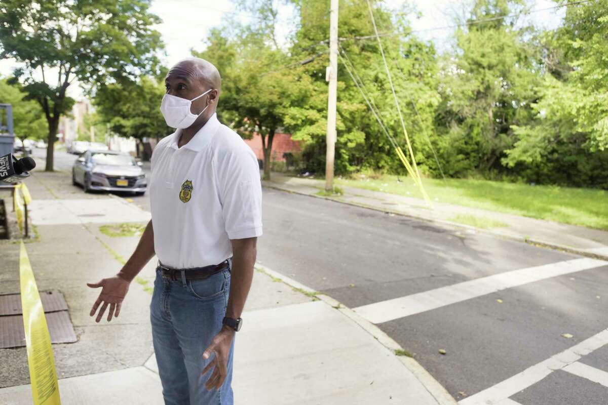 Albany Police Chief Eric Hawkins talks to members of the media near the scene of a shooting on Clinton St. on Sunday, Aug. 30, 2020, in Albany, N.Y. The city's 15th homicide happened Sept. 23, 2020. (Paul Buckowski/Times Union)