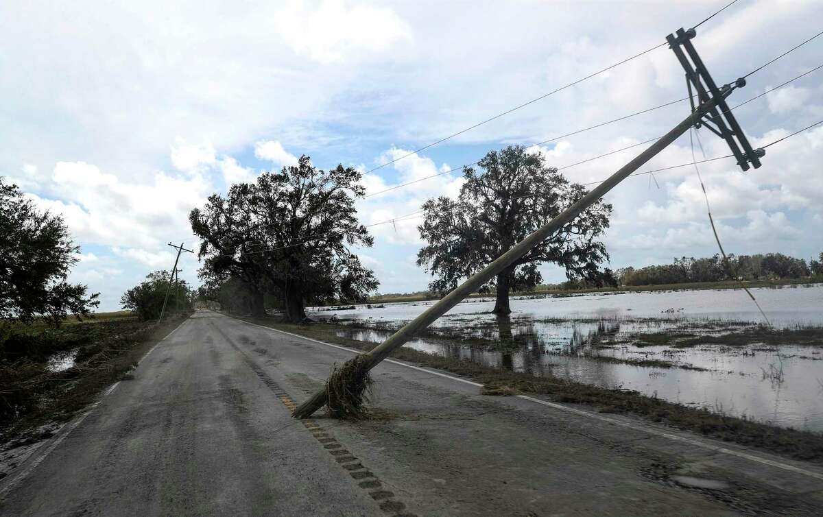 A utility pole was damaged when Hurricane Laura came ashore early Thursday morning. It was photographed Saturday, Aug. 29, 2020, in Cameron Parish near Grand Chenier, La.