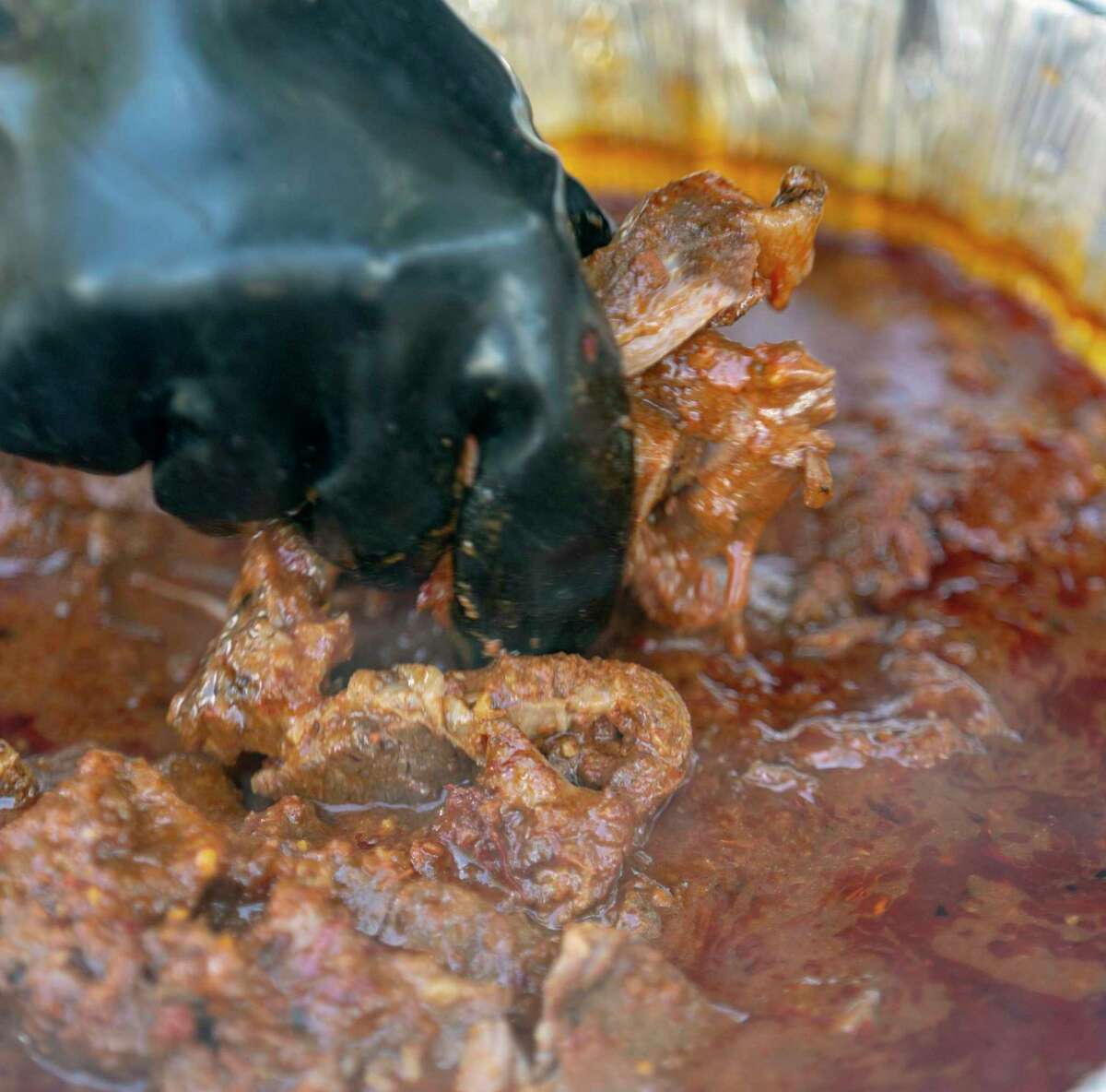The beef in finished birria can be pulled apart with your hands.