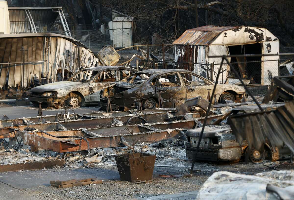 Destruction from the Hennesey Fire is seen at the Spanish Flat Mobile Villa trailer park in Lake Berryessa, Calif., on Wednesday, Aug. 26, 2020. The fire is part of the LNU Lightning Complex Fire, which is now the second-largest fire in California history.