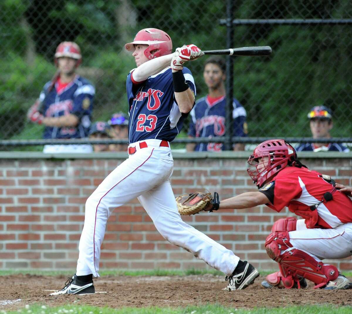 Taylor Olmstead of Greenwich singles in a run during the top of the 7th inning in game against Norwalk during Senior Legion baseball at Greenwich Country Day School, Tuesday, July 2, 2013. Greenwich won the game 2-0 as Dylan Callahan pitched a complete game shutout.