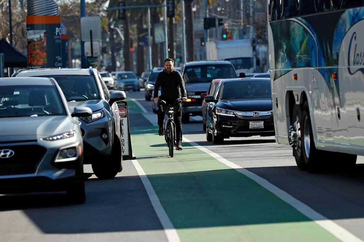 Bike lane along the Embarcadero in San Francisco, Calif., on Thursday, February 6, 2020.