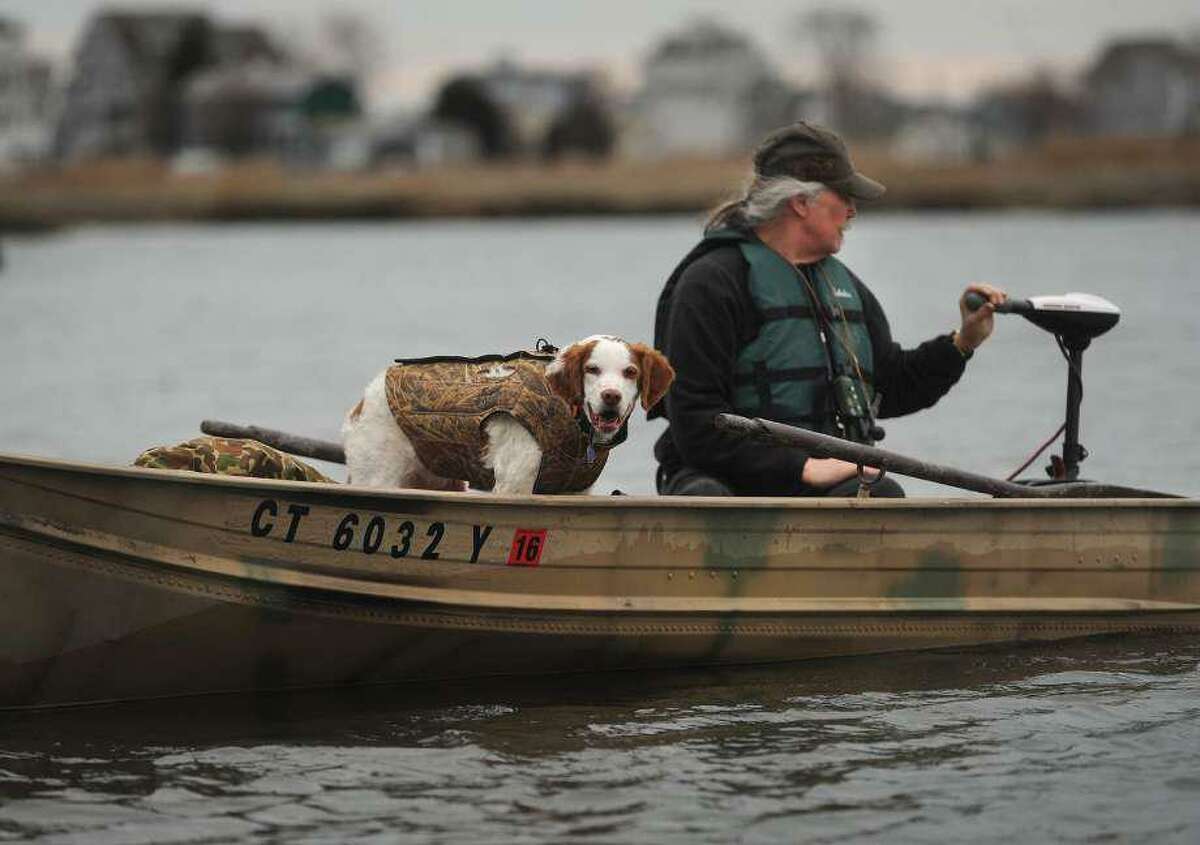 A Shelton man and his dog go out hunting for goose on the Housatonic Marsh in Milford, Conn., taken on Monday, Feb. 1, 2016.