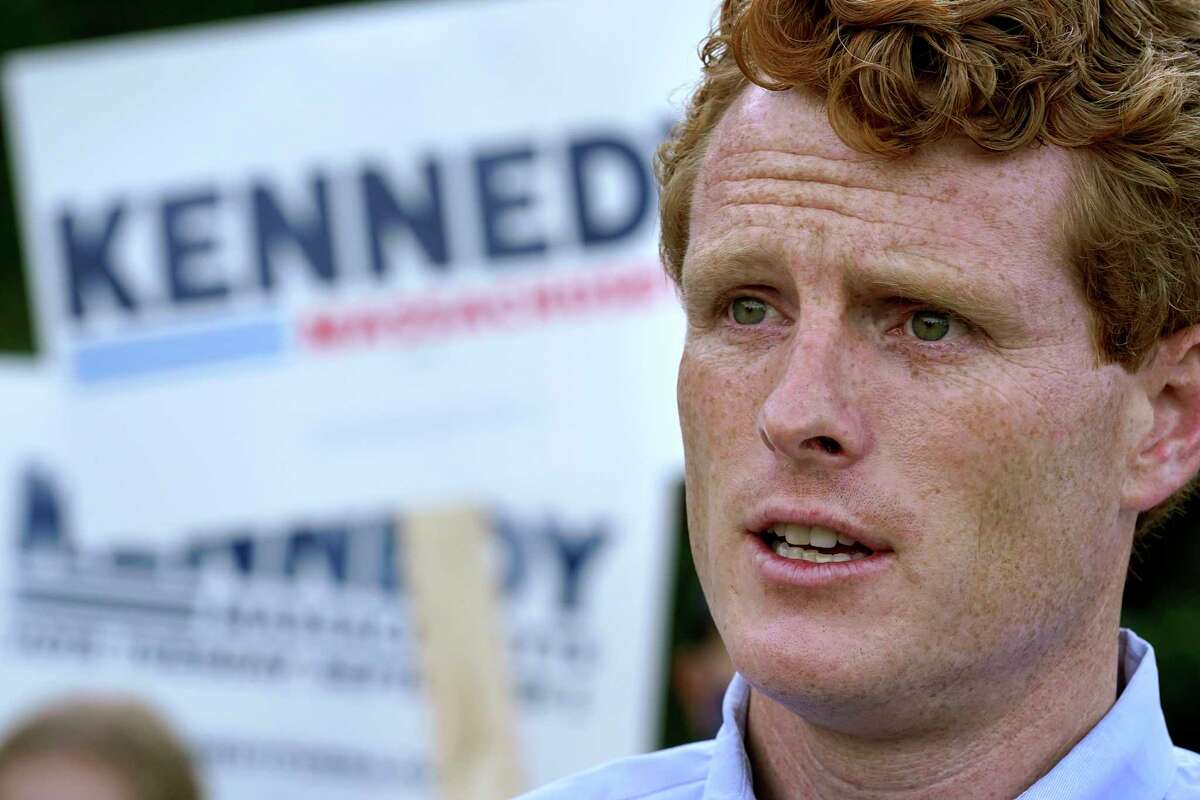 Democratic U.S. Rep. Joe Kennedy III, D-Mass., addresses members of the media during a campaign stop, Tuesday, Sept. 1, 2020, in Boston, Mass. Kennedy, a candidate in the Sept. 1 primary election, is challenging incumbent U.S. Sen. Ed Markey, D-Mass., for a seat in the Senate.