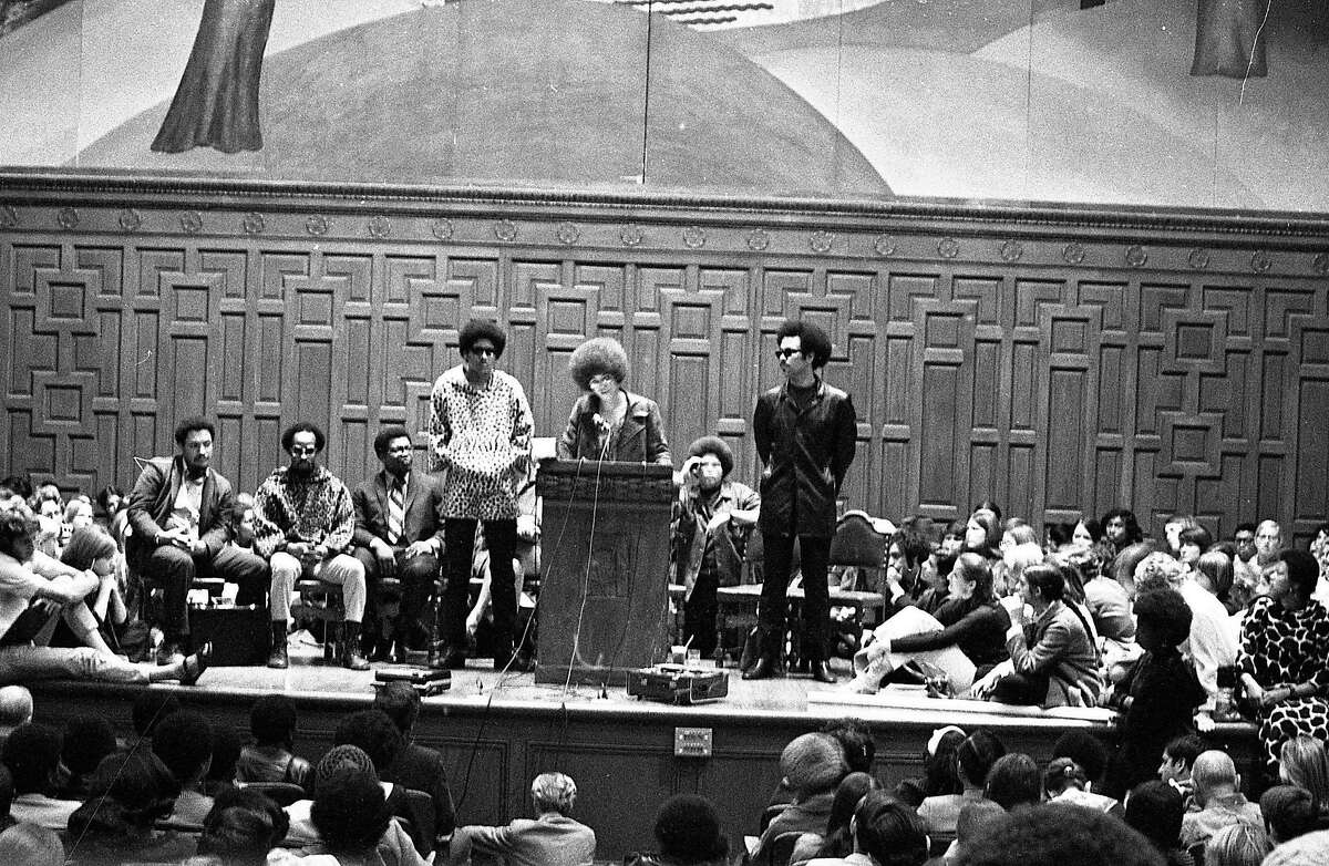 Angela Davis, who was fired as a philosophy professor at UCLA by the University of California Board of Regents because of her Communist affiliations speaks at Mills College, October 23, 1969