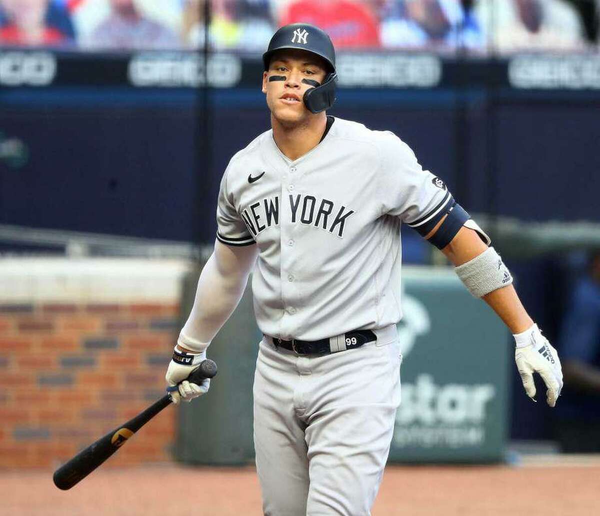 The New York Yankees' Aaron Judge grounds out against the Atlanta Braves during the first inning in the second game of a doubleheader on Wednesday, Aug. 26, 2020, at Truist Park in Atlanta.
