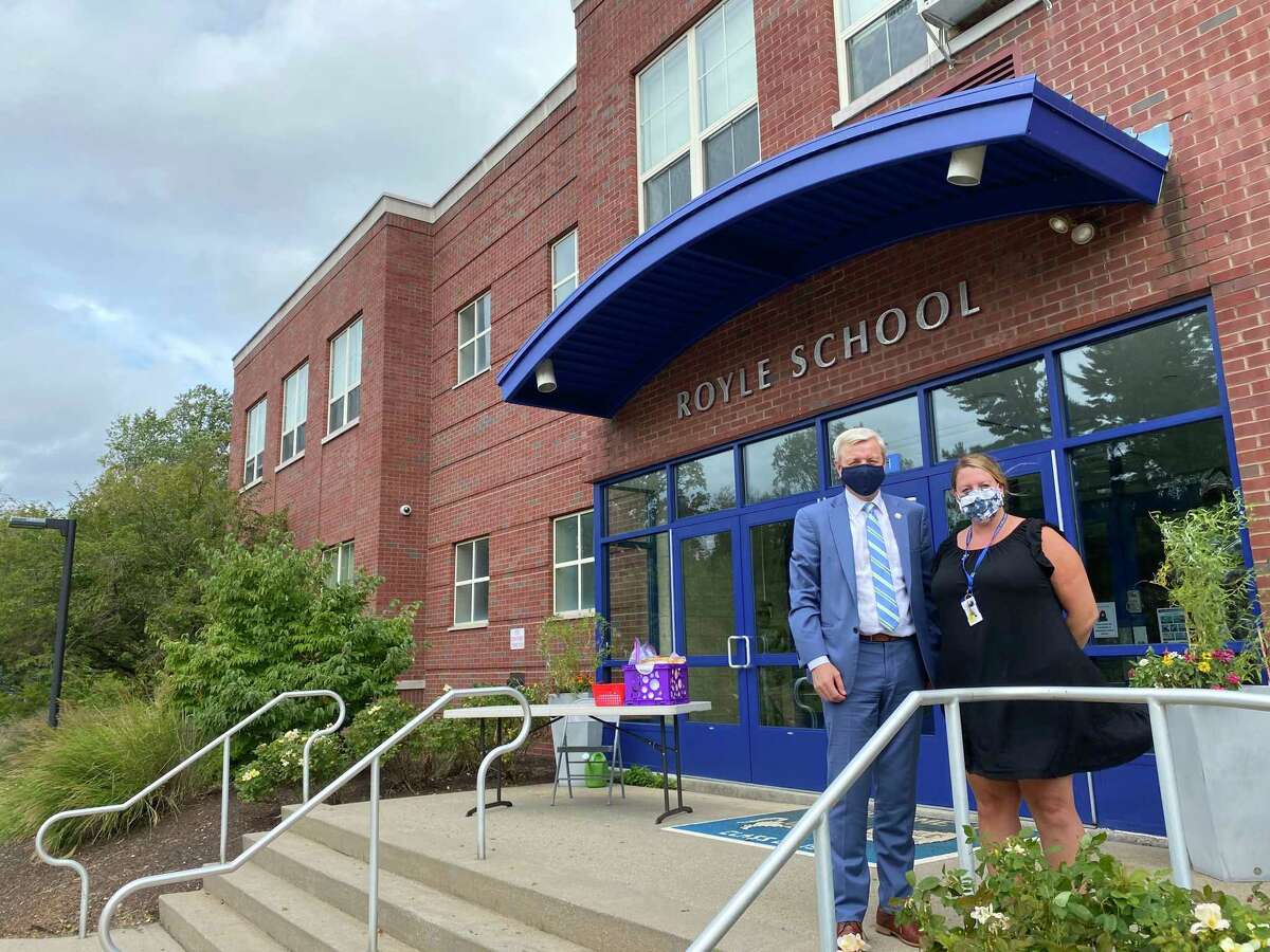 Schools Superintendent Alan Addley and Principal Garan Mulin earlier this year as Royle School prepared to reopen. The school is going full remote on Friday, Dec. 11.