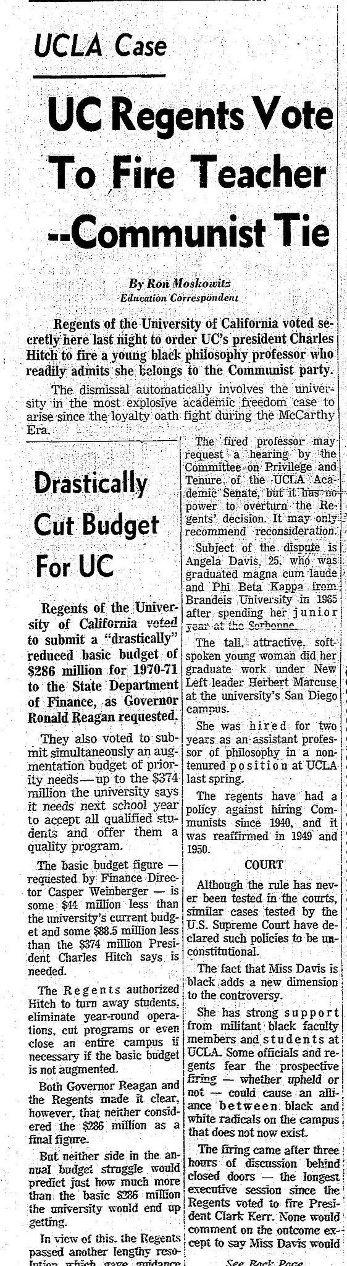 1969年9月20日，纪事报报道加州大学校董会建议安吉拉·戴维斯被解雇