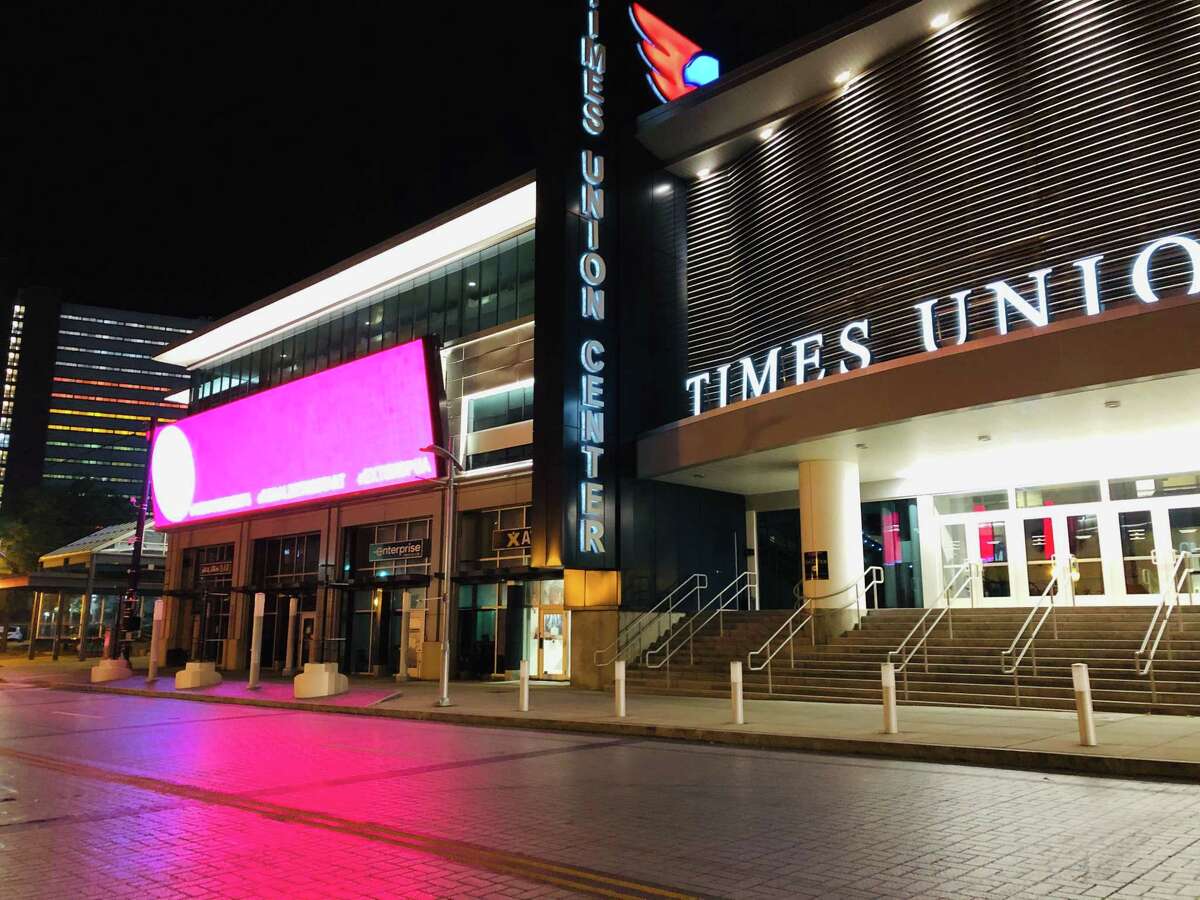 Times Union Center, Albany, is illuminated in red on Tuesday night. (Gary Hahn / TImes Union)