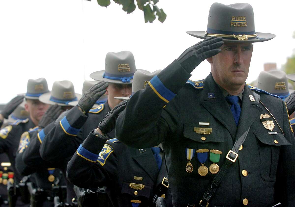 File photo of Connecticut State Police during the funeral for Trooper Kenneth Hall in Hartford, Conn., on Friday, Sept. 10, 2010. He was killed in the line of duty on Sept. 2, 2010.
