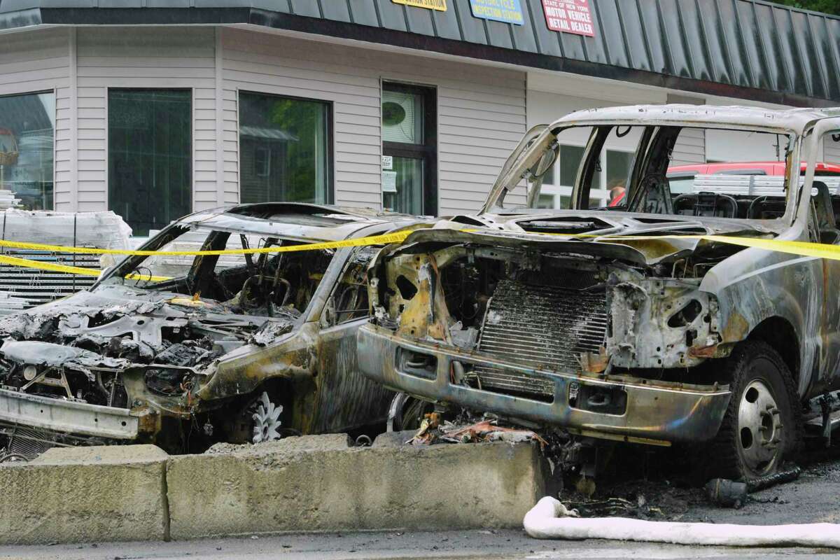 A view of vehicles damaged by fire at a repair garage on Melrose Valley Falls Road on Wednesday, Sept. 2, 2020, in Melrose, N.Y. State Police are investigating a possible arson at the automotive repair garage. (Paul Buckowski/Times Union)
