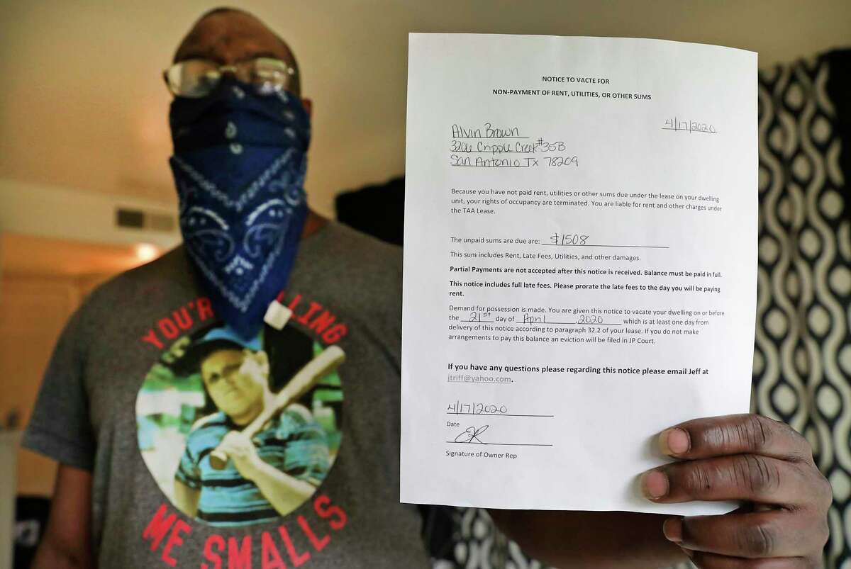 Alvin Brown, a renter at Spanish Oaks Apartments which is owned by Trif, has received a notice to vacate, on Tuesday, April 21, 2020. Brown holds up the Notice to Vacate letter he received.