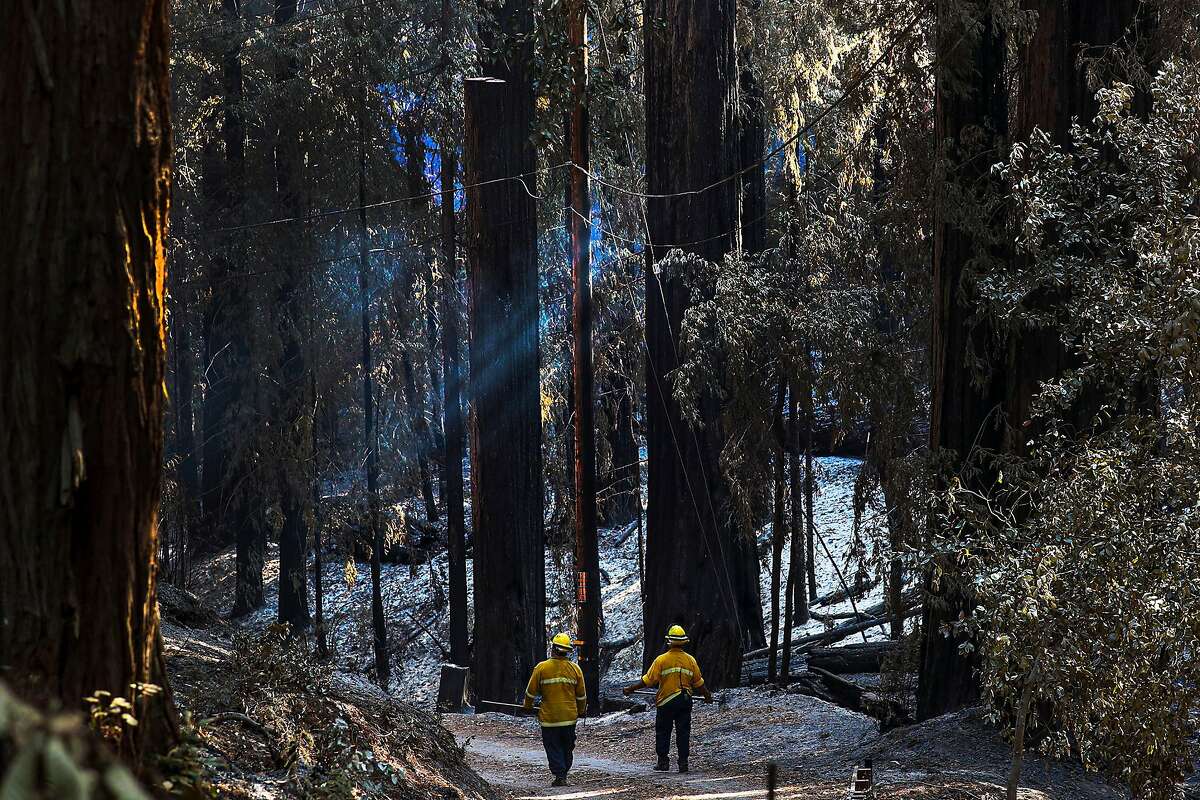 Paul Lellman and Jared Lomeli, firefighters from Santa Clara County survey the damage caused by CZU Lightning Complex fire in Bonny Doon, CA. (Irfan Khan/Los Angeles Times/TNS)